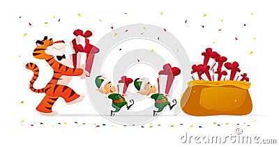 Merry Christmas illustration with tiger and little Santa elves carry xmas presents isolated. Vector Illustration